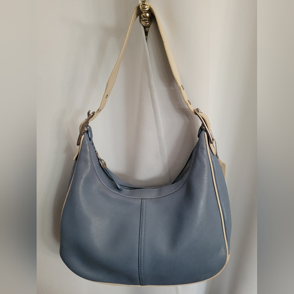 Coach Blue and Cream Shoulder Bags with Gold Hardware